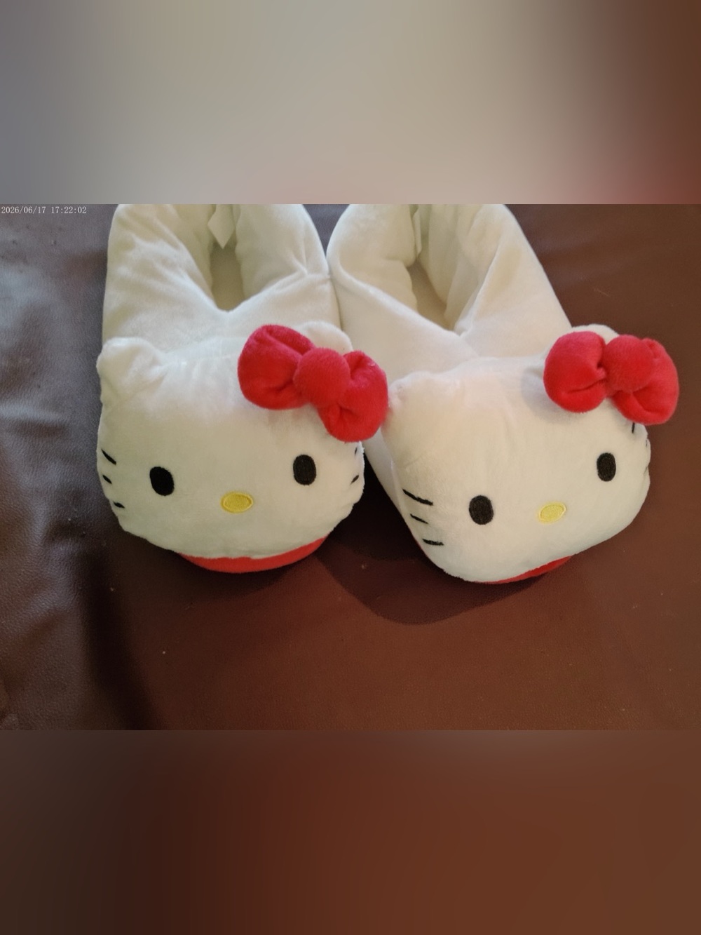 Sanrio Hello Kitty White Plush Slippers with Red Bows